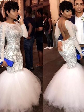 Купить Silver Sexy African White Mermaid Long Sleeves Prom Dresses 2019 Sequins Appliqued Backless Prom Dresses Evening Wear Party Gowns BA8423