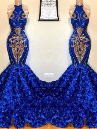 Купить Royal Blue Keyhole Mermaid Prom Dresses 2019 Rose Flowers Long Chapel Train Sheer Neck GOld Applique Beads African Evening Gown BC1213