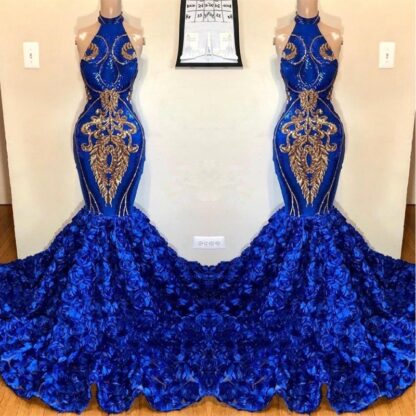 Купить Royal Blue Keyhole Mermaid Prom Dresses 2019 Rose Flowers Long Chapel Train Sheer Neck GOld Applique Beads African Evening Gown BC1213