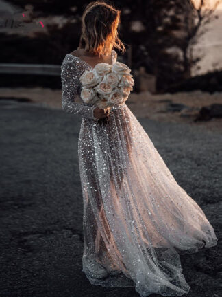 Купить Sexy Illusion Boho Wedding Dress A-Line V-Neck Sleeves Dresses Backless Bridal Gowns Sequined Beading Beach