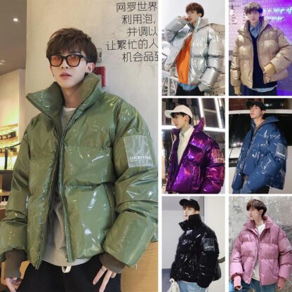 Купить Januarysnow NEW Winter Collar Loose Bright Leather Fabric Jacket Wind Thick Warm Coat Men Women Couple Purple Cotton Clothing