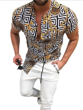 Купить summer men vintage print Shirt Fashion Casual Short Sleeves Printed Shirts Plus size Blouses
