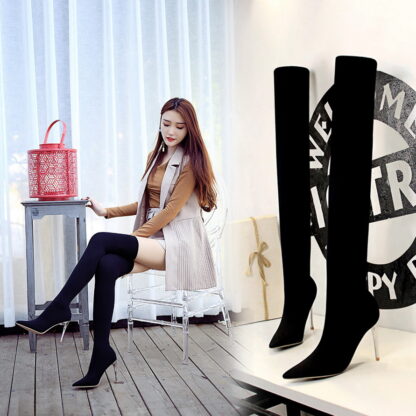 Купить Aneikeh Slim Stretch Ankle Boots for Women Pointed Toe Sock Boots Square High Heel Boots Shoes Woman Fashion Bota Feminina 40