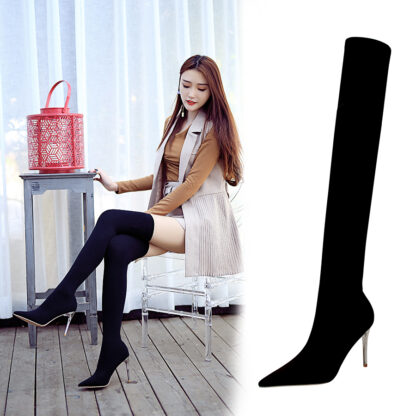 Купить 2021 Winter Over The Knee Women Boots Stretch Fabrics High Heel Slip on Shoes Pointed Toe Woman Long Boots Size 34-40