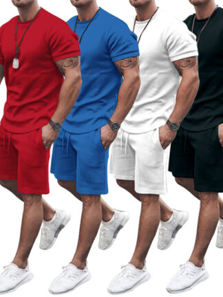 Купить Casual outfit Sales Short Sleeve Sweatsuit Men's Tracksuits White Red Blue Fashion Men 2 piece Set T Shirt Shorts