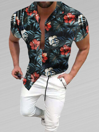 Купить men's casual printed loose shirts beach top Vintage hombre hawaiian Tropical Flower Print Shirt summer blusa blouse