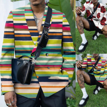 Купить good quality plus size print men's blazer loose long sleeve v neck printed rose stripe dress shirt suit mens fashion xxxl jacket