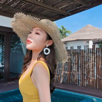 Купить New Fashion Wide Brim Hats Summer For Women Retro Flat Hat Hand-made Hollow Design Raffia Straw Ladies Outdoor Sun Protection Beach