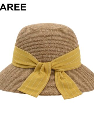 Купить Wide Brim Hats Summer Hat Yellow Womens Sun Bowknot Visor Straw Spring Designer Brand Dome Collapsible Bucket