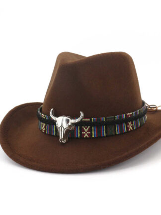 Купить Fashion Men Women Western Cowboy Hat with Cow Head Band Wide Brim Pop Jazz Winter Wool Size 56-58cm Q0811