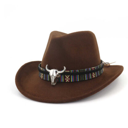 Купить Fashion Men Women Western Cowboy Hat with Cow Head Band Wide Brim Pop Jazz Winter Wool Size 56-58cm Q0811