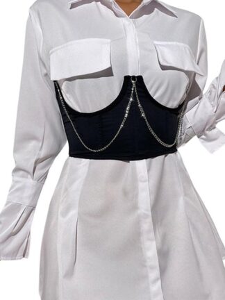 Купить Belts Xingqing Fashion Black Corset Cummerbunds Back Lace Up Elastic Waist Spliced Cincher Belt With Chain