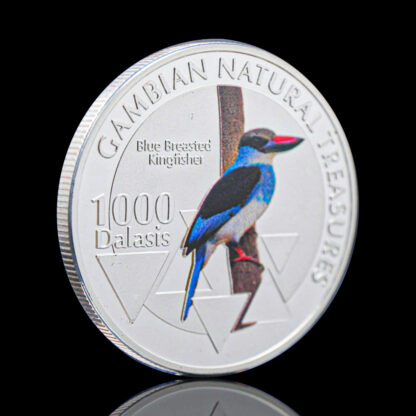 Купить 50pcs Non Magnetic Silver Plated Gambian Natural Treasumres African Blue Breasted Kingfisher Medal Souvenirs Coin Animal Collectible Coins