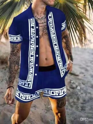 Купить Mens flower shirt Hawaiian suit casual button beach Tracksuits Full body printing tropical vacation Beachwear Short Sleeve 2pcs set Shirt Tops Shorts Sets