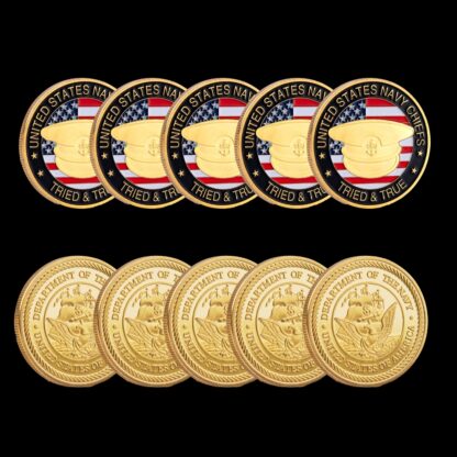 Купить 5PCS Non Magnetic US Army Millitary Craft Department Of The Navy Chiefs Tried True 24k Gold Plated Challenge Coin