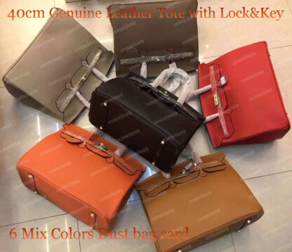 Купить 40CM Large Genuine Leather Tote Women's Shoulder Bags Embossed Cowhide Handbags with Lock Keys Small Horse Stamped Lady Bag Factory Wholesale 6 Mix Colors