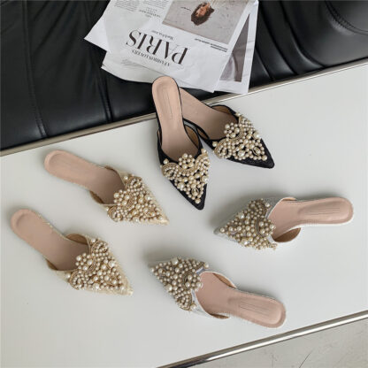 Купить Sandals Female pearl straps designer crutches woman shoes pointed to lace luxury slides flat heels slippers 5U7J