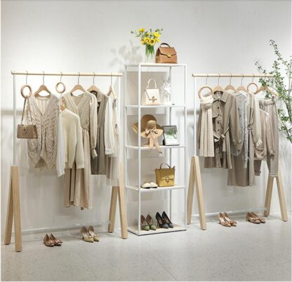 Купить Clothing store display rack Commercial Furniture women cloth shop hanging Organization shoe bag racks landing against the wall clothes Storage Holders white