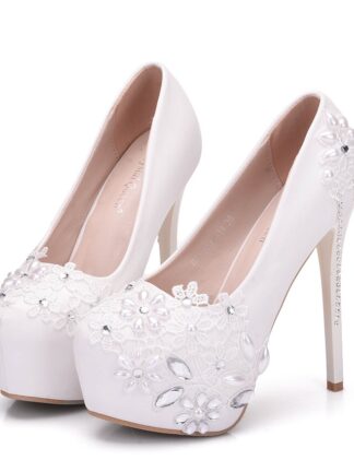 Купить White lace women's wedding shoes Rhinestone Pearl waterproof platform thin high heels
