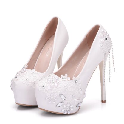 Купить White lace women's wedding shoes Rhinestone Pearl waterproof platform thin high heels