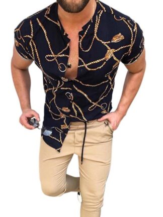Купить Office style Men vintage Shirt Fashion Casual Single Breasted Short Sleeves Printed street Shirts Plus size Summer Blouses Button Down Shirts
