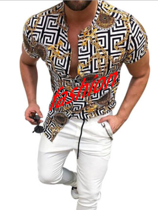 Купить Mens Vintage Chain Beach Hawaiian Shirt Summer Short Sleeve Single Breasted Men Clothing Casual Loose Button Down Shirts