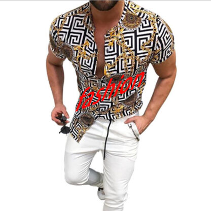 Купить Mens Vintage Chain Beach Hawaiian Shirt Summer Short Sleeve Single Breasted Men Clothing Casual Loose Button Down Shirts