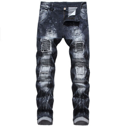 Купить Men's high waist Jeans denim trousers ripped Slim Fit Street Motorcycle Biker Jean Causal Pants Streetwear Mens black blue size 28 30 32 34 38 40 42 jeans