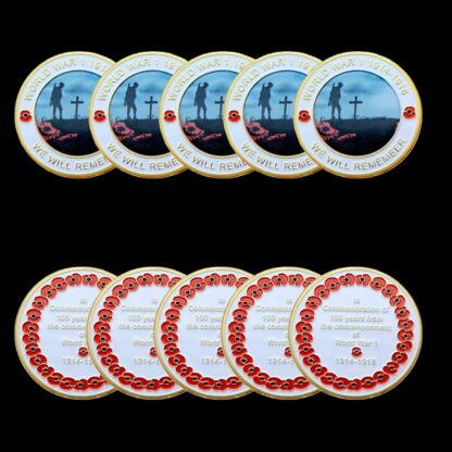 Купить 5pcs Non Magnetic Challenge Coin Craft World War 1914-1918 We Will Remember Gold Plated Commemorative Badge