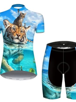 Купить 2021 Short Sleeve Cycling Jersey with Shorts Summer Polyester Blue Tiger Animal Bike Clothing Suit 9D Pad Ultraviolet Resistant