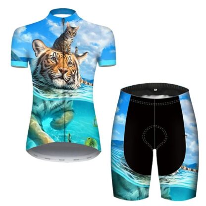 Купить 2021 Short Sleeve Cycling Jersey with Shorts Summer Polyester Blue Tiger Animal Bike Clothing Suit 9D Pad Ultraviolet Resistant