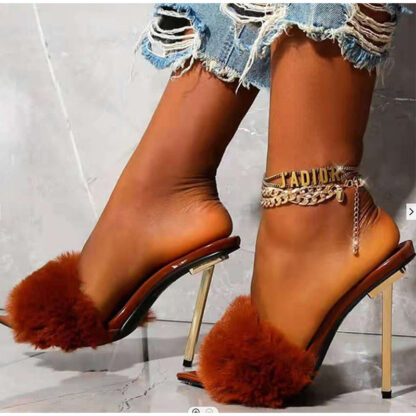 Купить 2021 new fashion Plush women's shoes rabbit hair high-heeled sandals with thin plated heels