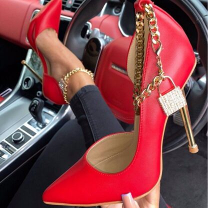 Купить 2021 new fashion women's shoes pointed toe chain lock with bright diamond thin high heels