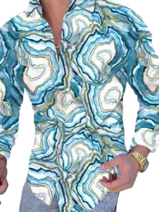 Купить Lapel digital print floral casual slim long sleeve shirt white blue sea wave pattern printing blouse Man Clothes Cardigan Blouses