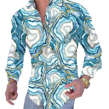 Купить Lapel digital print floral casual slim long sleeve shirt white blue sea wave pattern printing blouse Man Clothes Cardigan Blouses