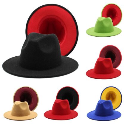 Купить Wide Brim Hats 2021 Two Tone Fedoras Jazz Cowboy Hat For Women And Men Double-Sided Color Cap Red With Black Wool Bowler Wholesale