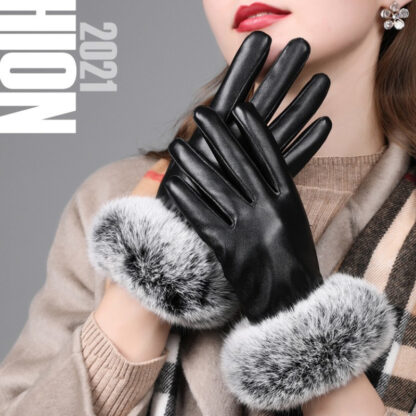 Купить Fashion Ladies Gift PU Leather Rabbit Hair Warmth Driving Gloves