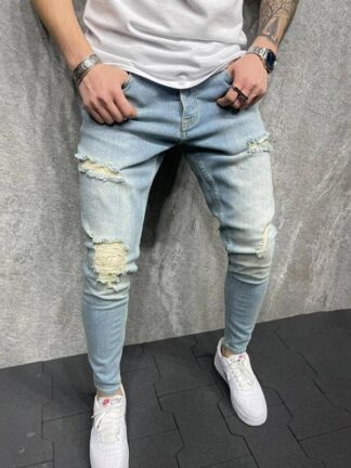 Купить Designer Ripped Stretch Jeans Mens Design Holes Slim Denim Straight Biker Skinny Cotton Fabric Trouser Men Fashion Pants Clothing