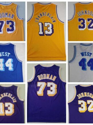 Купить Men Vintage Basketball Wilt Chamberlain Jersey 13 Dennis Rodman 73 Jerry West 44 Johnson 32 Stitched Yellow White Blue Purple