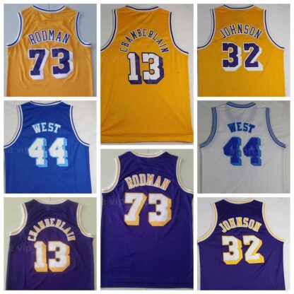 Купить Men Vintage Basketball Wilt Chamberlain Jersey 13 Dennis Rodman 73 Jerry West 44 Johnson 32 Stitched Yellow White Blue Purple