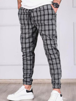 Купить pants for men slim fit work Streetwear fashion plaid striped Drawstring Elastic Waist trousers jogging Pencil Casual Office style Jogger plus size boys Sweatpants