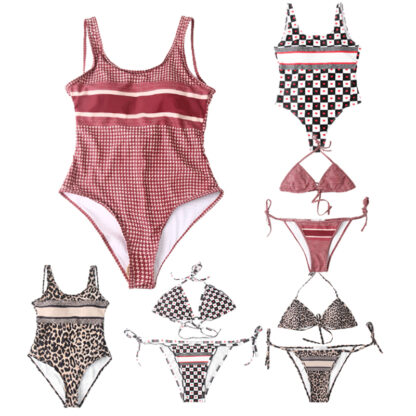 Купить Women Swimwear Love Plaid Leopard Print Spa Bikini Swimsuits Trendy Letter Pattern Summer Beach Vacation Swimming Bathing Suit