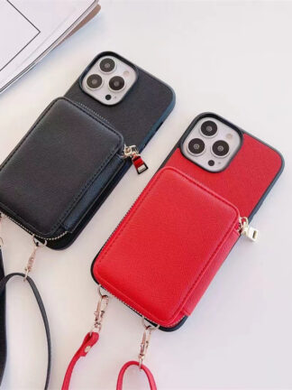Купить Fashion Luxury Zipper leather Card package phone cases for iPhone 12 11 13 Pro Max Cover Shoulder Strap Rope Lanyard Cover