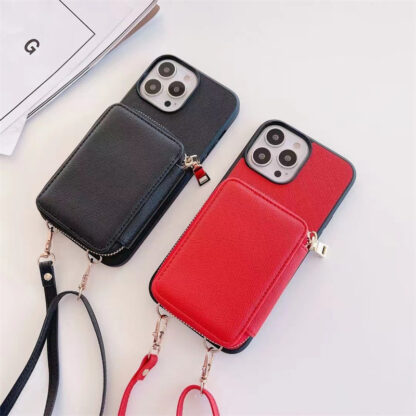 Купить Fashion Luxury Zipper leather Card package phone cases for iPhone 12 11 13 Pro Max Cover Shoulder Strap Rope Lanyard Cover