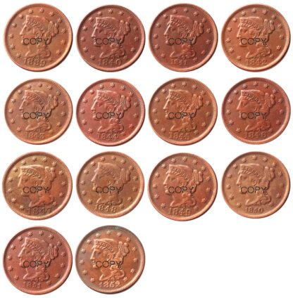 Купить High quality set (1839-1852) of 14 selected braid large cent copper coins of different dates