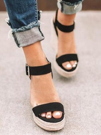Купить 2021 peep-toe large size fish-tip high heels Sandals wedge heel belt buckle hemp rope for women