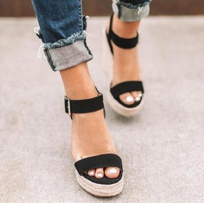 Купить 2021 peep-toe large size fish-tip high heels Sandals wedge heel belt buckle hemp rope for women