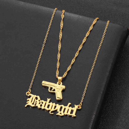 Купить Hip Punk Hop Pistol Submachine Babygirl Double Layer for Women Gold Color Metal Long Chain Necklace Fashion Jewelry