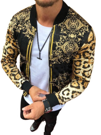 Купить Autumn long sleeve zipper coat jacket slim fit leopard print round neck casual jackets men outwear