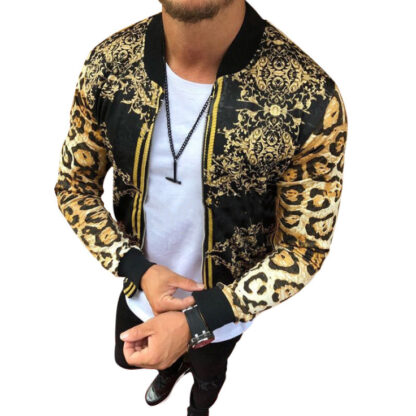 Купить Autumn long sleeve zipper coat jacket slim fit leopard print round neck casual jackets men outwear